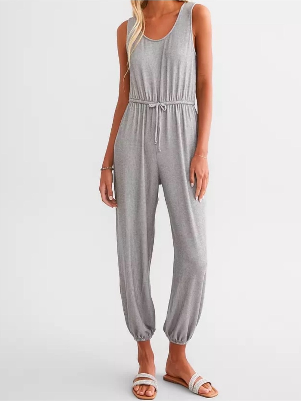 Sleeveless Gray Drawstring Knit Jumpsuit
